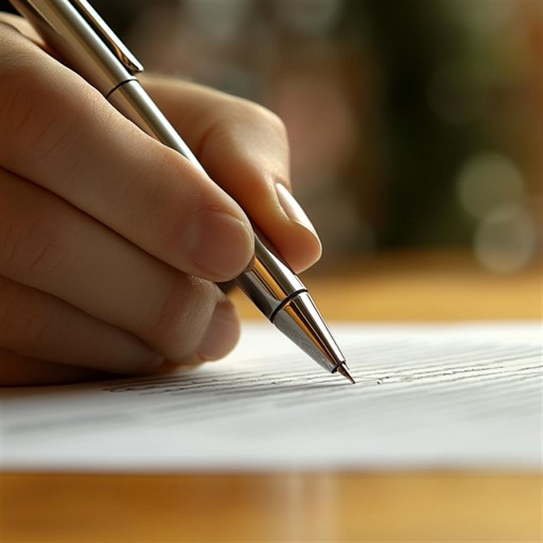 Hand, die auf ein Blatt Papier schreibt